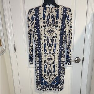 Tory Burch Navy and Cream Long-Sleeve printed matte jersey Lisbon shift dress